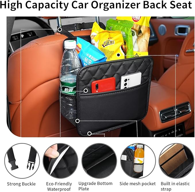 2Pack Car Seat Back Organizer, Waterproof Car Backseat Organizer with Cup Holders Large Capacity Hanging Car Storage Bag for Phones Documents Cups Bottle Travel Compatible with Most Vehicles