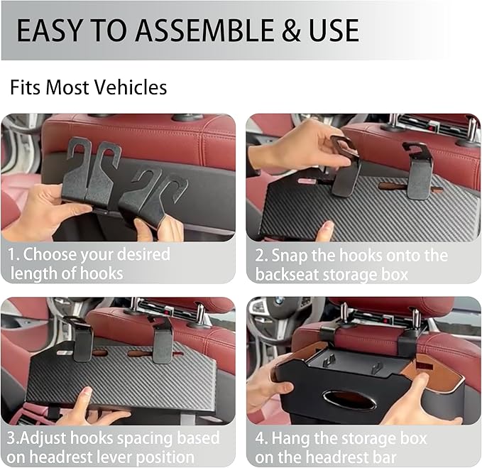 Mu&Ti Multifunctional Car Seat Back Storage Box with 2 Cup Holders, Tissue Box, Hook and Trash Bag- Ideal for Family and Travel (Black)