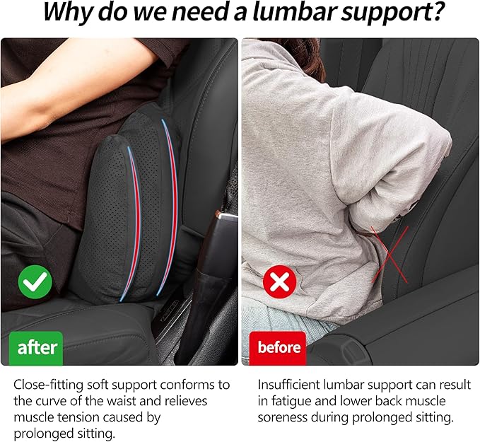 Lumbar Support Pillow for Car, Comfortable Back Support for Driving Seat, Back Pain Relief for Car Seat, Ergonomic Back Cushion for Cars, SUVs and Office (Black)
