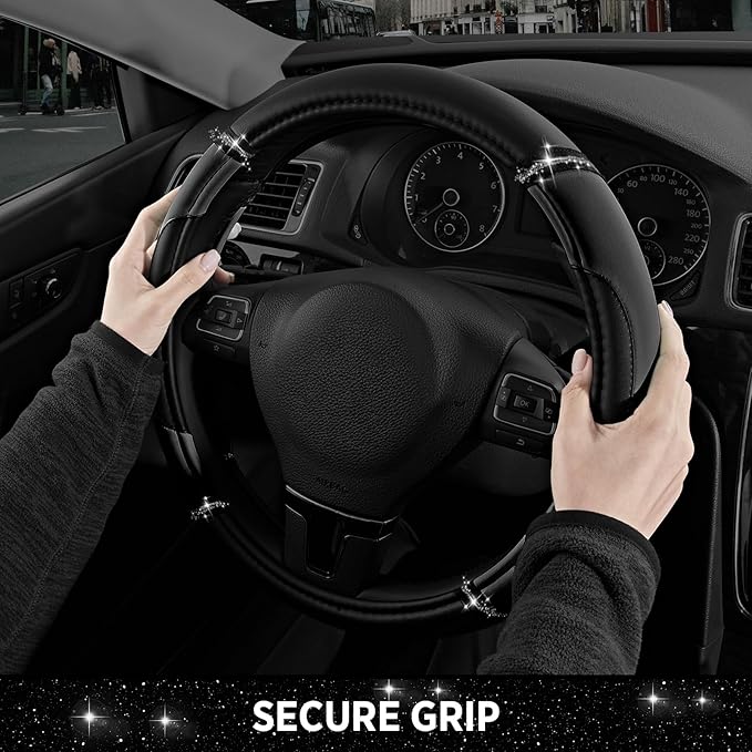 Road Comforts Leather Steering Wheel Cover - Made with PVC Leather - Anti-Slip, Universal Fit 14 1/2 inches to 15 inches - Black