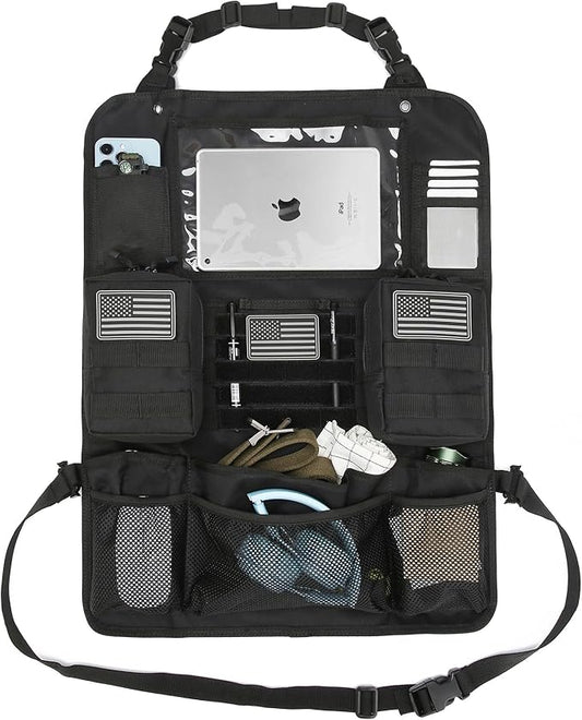 Tactical Car Seat Back Organizer Set Upgraded Tactical Molle Seatback Cover Protector Universal Fit Vehicles Truck MPV Pickup (Black with 2 Pouches)