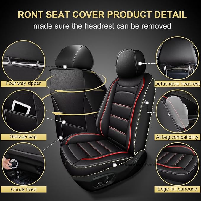 Car Seat Covers Full Set Fit for Hyundai Accent 2017-2025 2026: 5 Seat Auto Interior Accessories, Waterproof Faux Leather Vehical Car Seat Cushion Covers(Black&Redline)