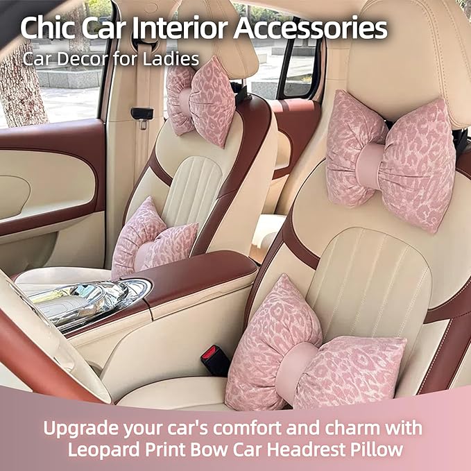 Car Headrest Pillow with Leopard Print Chic Car Interior Breathable Neck Support Cushions Fits for Most Cars (Pink Pillow)