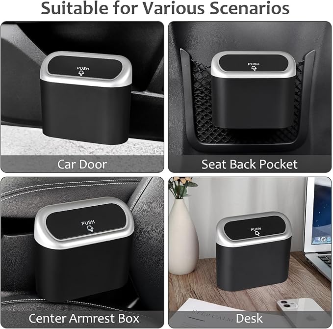 Accmor Car Trash Can with Lid, Mini Vehicle Trash Bin Car Dustbin Garbage Organizer Holder with Trash Bag, 2 Pack Small Hanging Leakproof Cars Storage Bag Container for Auto, SUV, Office (Silver)