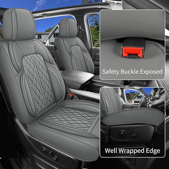Car Seat Cover Custom Fit for Dodge Ram 1500 2500 3500 2002-2026 Faux Leather Seat Cover Set Compatible with Crew Quad Regular Cab Pickup Truck Cushions (Grey, Front Seat)