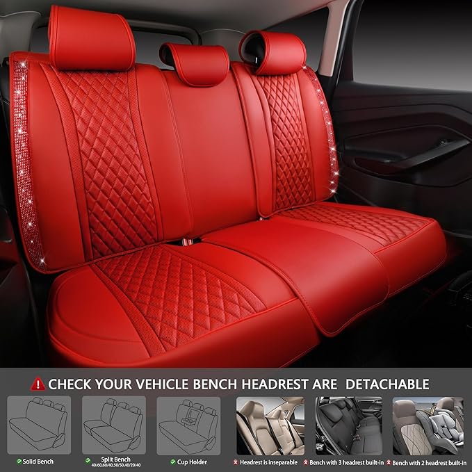 CAR PASS Nappa Leather Bling Diamond Car Seat Covers Full Set Universal Cushioned, Waterproof Heavy-Duty Anti-Slip Luxury Leather, Fit for SUV Sedan, Sparkly Glitter Shining Crystal Red Rhinestones