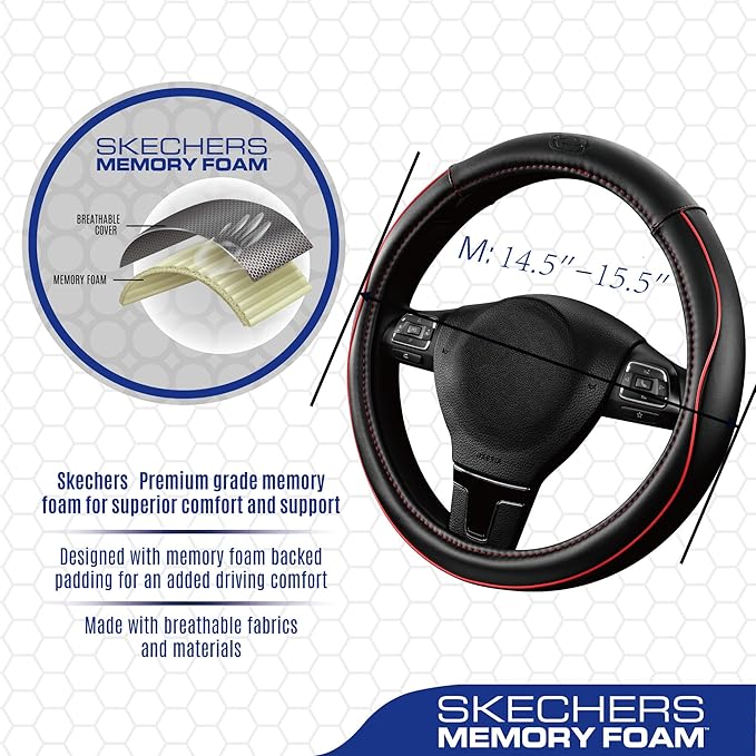 Skechers Memory Foam Steering Wheel Cover,Piping Microfiber Leather Steering Wheel Cover Sporty Universal Fit 14" 1/2-15" Car Wheel Protector for Men Women Fit Suvs,Vans,Sedans,Car,Trucks,Red