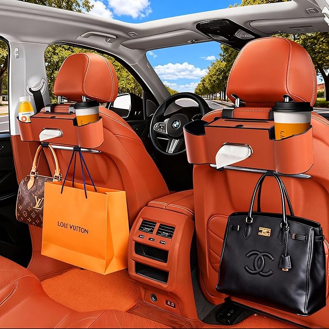 Backseat Car Organizer,4 in 1 Multifunctional Car Back Seat Storage Box with Drink Cup Holder Tissue Box, for Hold Phone,Snacks, Drinks, Handbag (Orange)