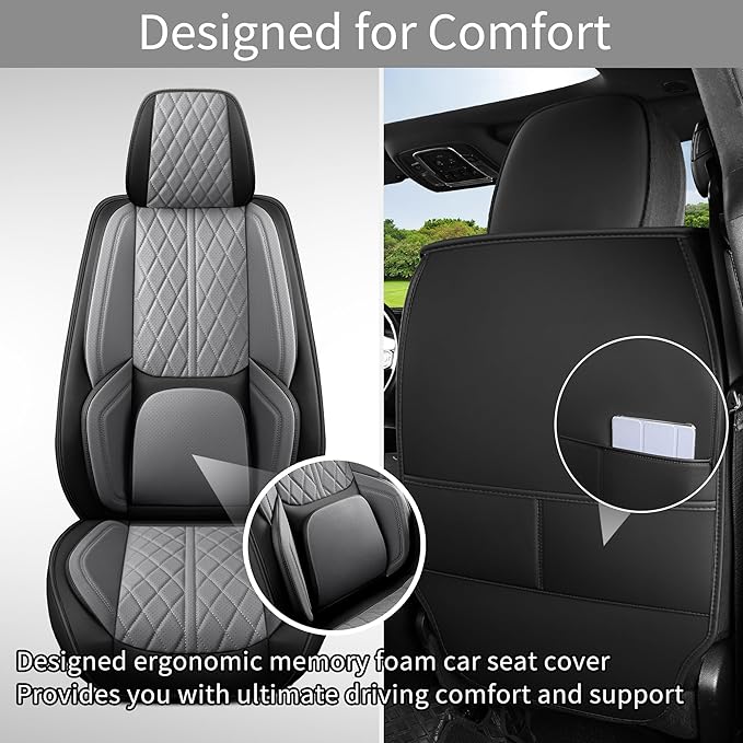 Car Seat Cover Custom Fit for Ford F150 2009-2026 Faux Leather Seat Cover Set Compatible with Regular Cab Super Cab Super Crew Pickup Truck Cushions (Black & Grey, Front Seat)
