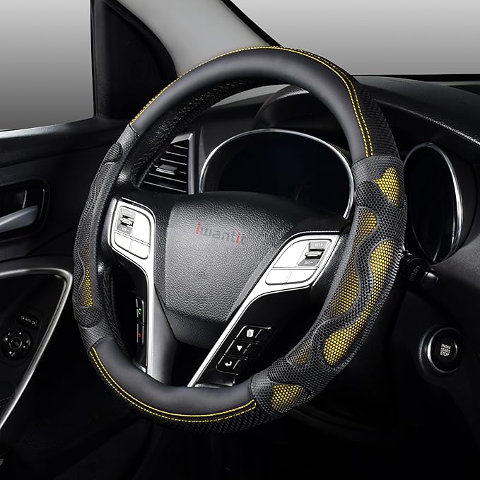 Iwantit® Steering Wheel Cover with 3D Honeycomb Anti-Slip Design and Breathable Fabrics and Pu Leather, Universal 14.5-15 Inch (Yellow/Black)