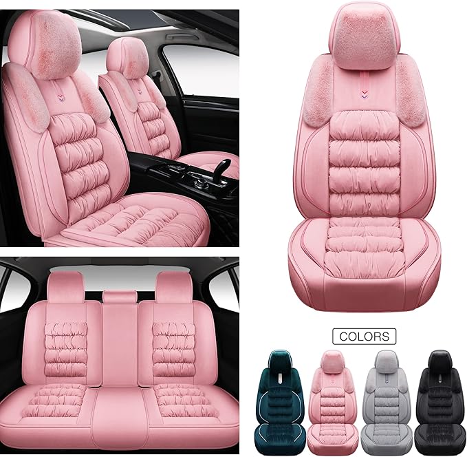 AOOG Fuzzy Car Seat Covers, Heated Bench Back Cushion Protector for Cars SUV Trucks(Full Set,Pink)