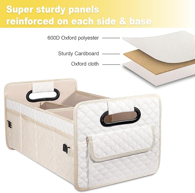 JiatuA Car Trunk Organizer for SUV, Car Storage Organizer Collapsible Multi Compartment Container Box Adjustable Car Accessories for Women Men, Beige