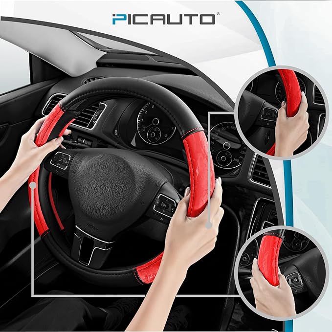 PIC AUTO Steering Wheel Cover, Silk Grain Leather Car Steering Wheel Protector, Comfortable Grip, Universal 14.5-15.5 Inch Anti-Slip Steering Wheels Accessories for Men & Women (Red)