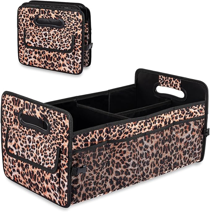 JiatuA Car Trunk Organizers and Storage Collapsible Multi Compartment Container Box, Adjustable Car Accessories for SUV Sedan Truck, Large Size, Leopard Print