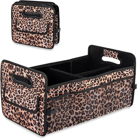 JiatuA Car Trunk Organizers and Storage Collapsible Multi Compartment Container Box, Adjustable Car Accessories for SUV Sedan Truck, Large Size, Leopard Print