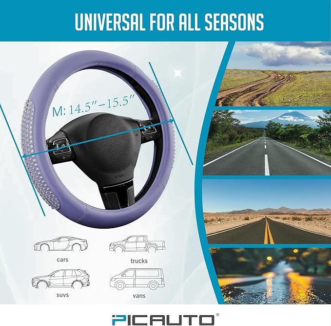 PIC AUTO Steering Wheel Cover, Glitter Gel Particles & Purple Luxury Leather Car Steering Cover, Universal Fit 14.5"-15.5" Anti-Slip Car Wheels Cover for Girls & Women