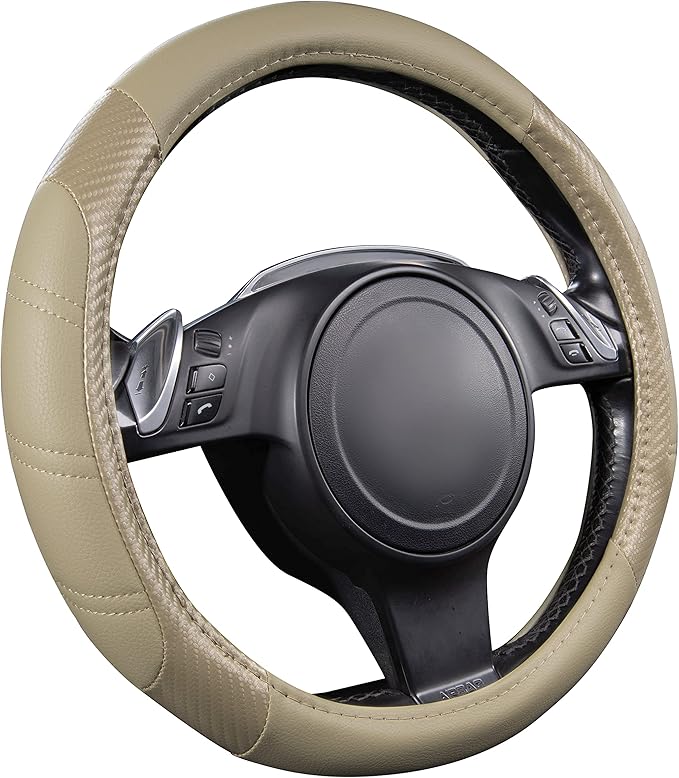 CAR PASS Line Rider Microfiber Leather Sporty Steering Wheel Cover Universal Fits for 95% Truck,SUV,Cars, Anti-Slip Safety Comfortable Desgin (Beige-Carbon Fiber)