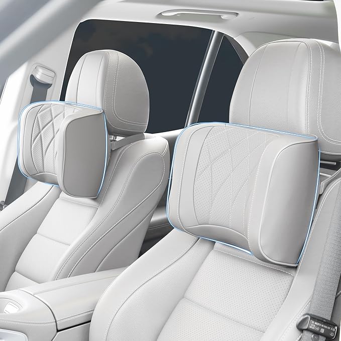 Car Headrest Pillow U-Shaped, Memory Foam Head Neck Support Cushion for Driving, Leather Head Rest Travel Pillows for Sleeping, Breathable Removable Cover, Gray, 2 Pack