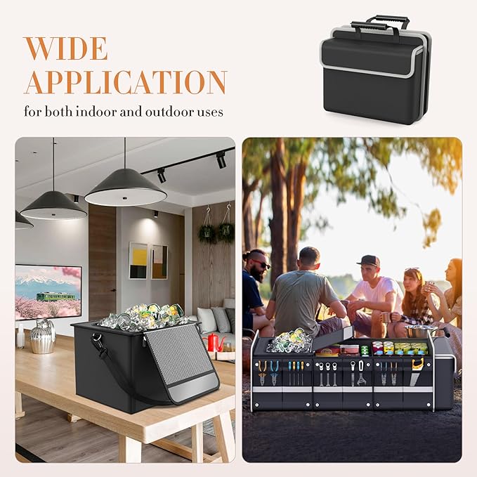 Large Trunk Organizer for SUV with Premium Portable Cooler Bag, Car Organizers and Storage with Foldable Cover, Collapsible Car Trunk Bed Organizer for Truck, 2 Retractable Straps, 90L+20L, Black-C