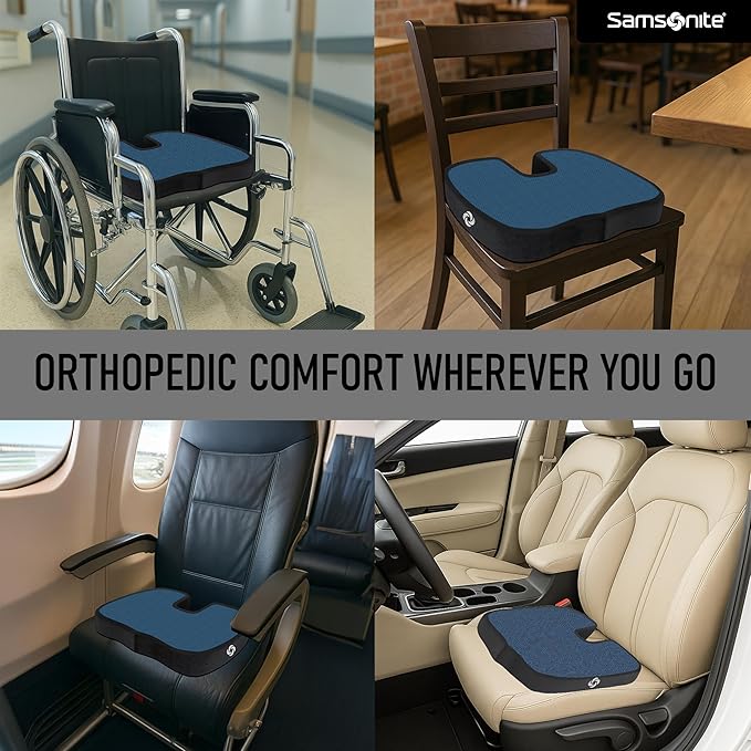 Samsonite Memory Foam Seat Cushion for Car & Office Chair – Tailbone Pain Relief, Cooling Pillow, Ergonomic Posture Corrector, Car Accessories & Home Office Essentials