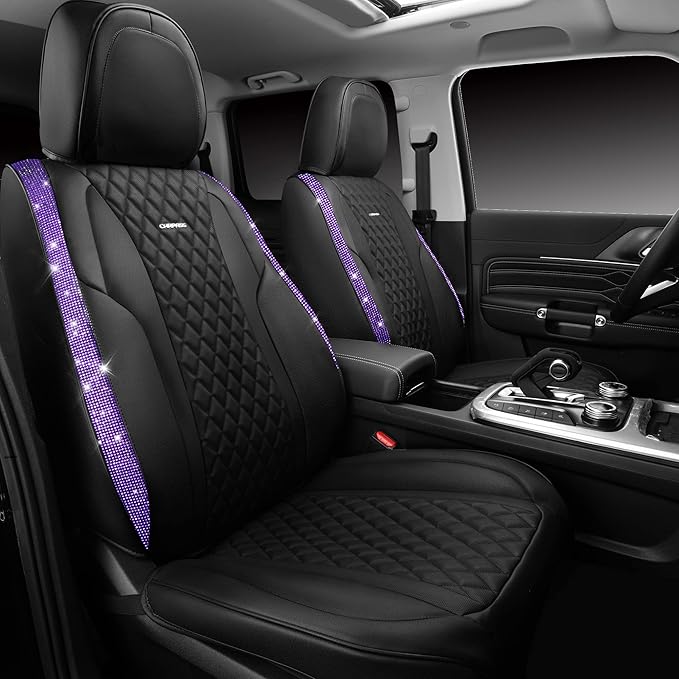 CAR PASS Bling Nappa Leather Car Seat Cover for Full Set Universal Luxury Waterproof Heavy-Duty Anti-Slip Cushioned Fit for SUV Sedan, Sparkly Glitter Shining Diamond Violet Crystal Purple Rhinestones