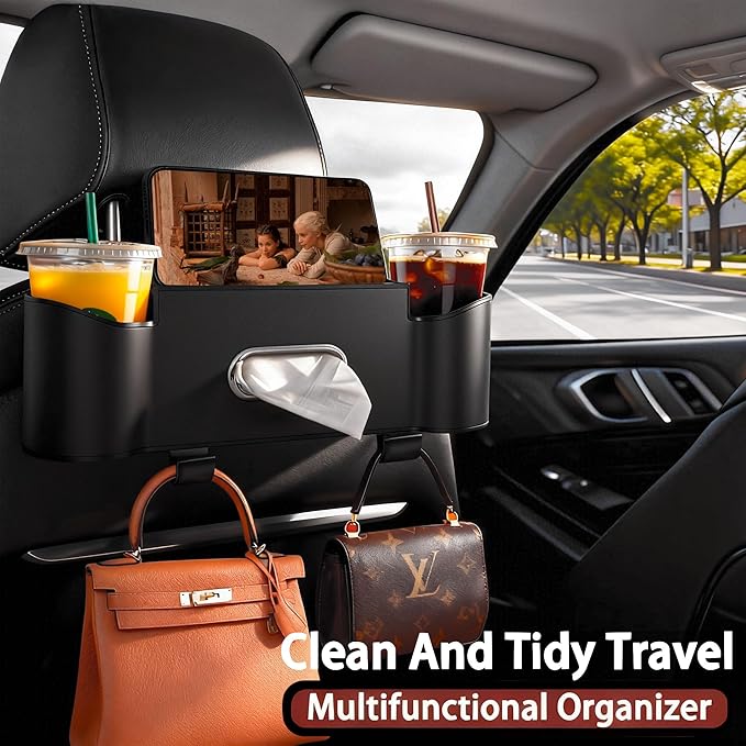 2Pack Car Backseat Organizer for Kids & Travelers - 4 in 1 Multifunctional Car Seat Back Storage with Cup Holder, Tissue Box, Snack/Handbag Holder - Nappa Leather Universal Fit for SUV/Van(Black)