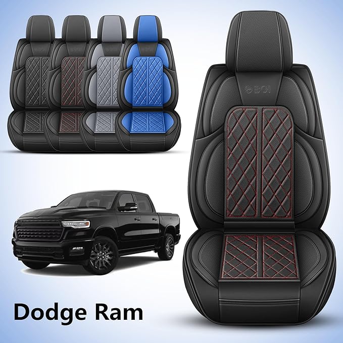Car Seat Cover Custom Fit for Dodge Ram 1500 2500 3500 2002-2026 Faux Leather Seat Cover Set Compatible with Crew Quad Regular Cab Pickup Truck Cushions (Black Redline, Full Set, Curved Rear)