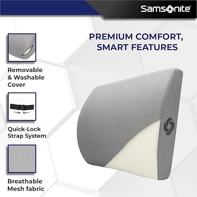 Samsonite Ergonomic Lumbar Pillow for Office Chair and Car Seat - Memory Foam Back Support Lumbar Pillow, Premium Cushion Chair Support for Lower Back Pain Relief and Versatile Use (Light Grey)