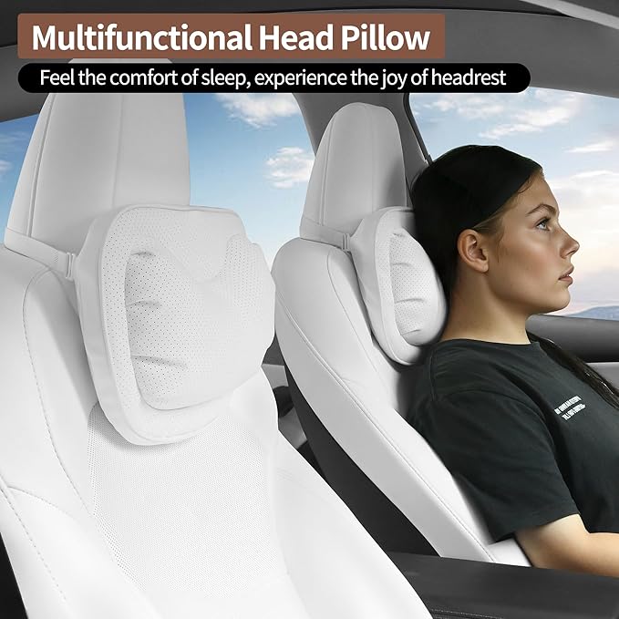 Car Neck Pillow [No More Pressure] Soft Comfortable Premium Leather Headrest with Adjustable Strap – Ergonomic Support for Driving, Office & Gaming, White, 2 Pack