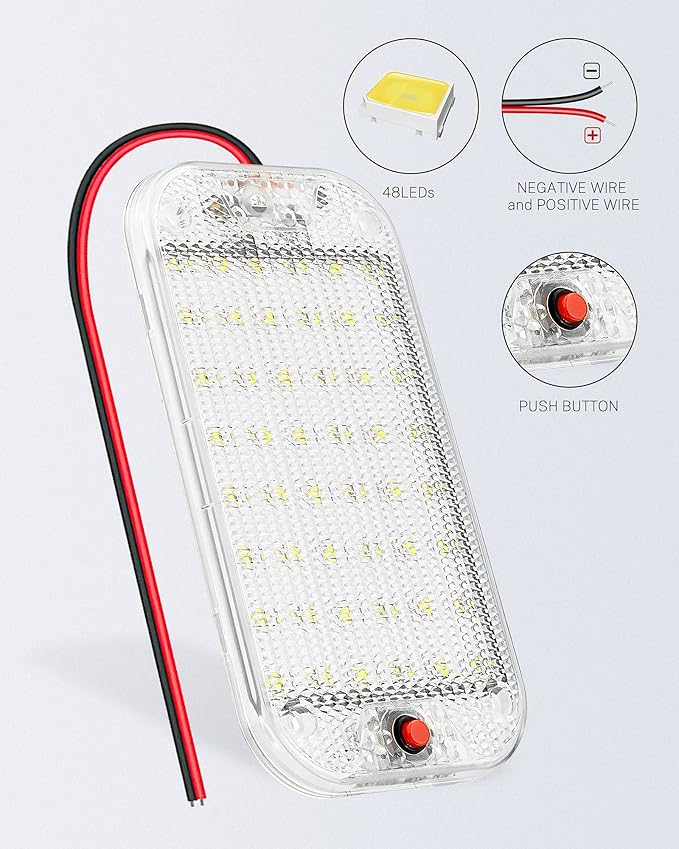 Dome Light for RV Interior, 48LED 800LM Ultra Bright 12 Volt LED White Lights, RV Ceiling Light with Switch Control, Ideal for Car Van Truck Camper Lorry Motorhome Boat(2 Pack)