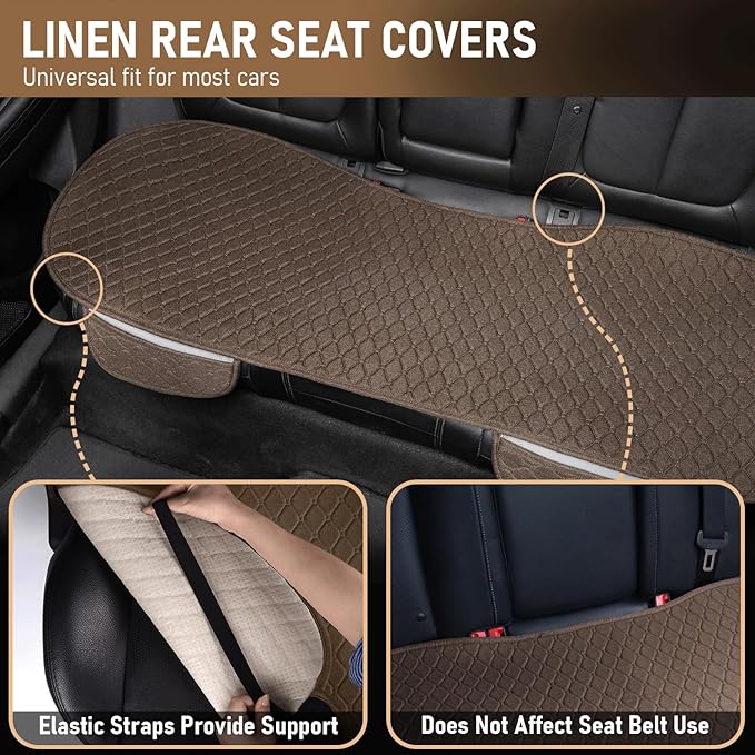 3 PCS Linen Car Seat Covers with Storage Pocket, Back Seat Covers Protectors with Non-Slip, Breathable Bench Seat Covers Universal Fit for SUVs, Cars, Trucks (Brown)