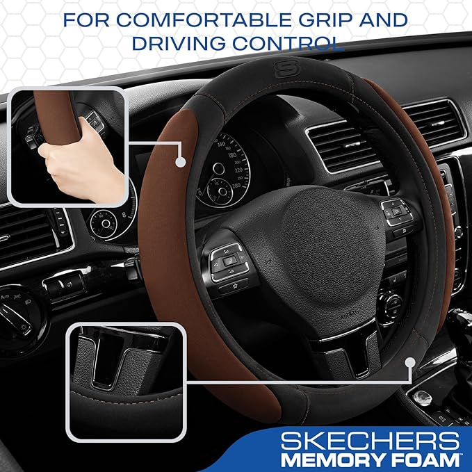 Skechers Steering Wheel Cover, Memory Foam Car Steering Wheel Cover,14.5-15inch Anti-Slip Safety Comfortable Desgin, Universal Accessory for Diverse Cars, Truck,SUV (Black &Brown)
