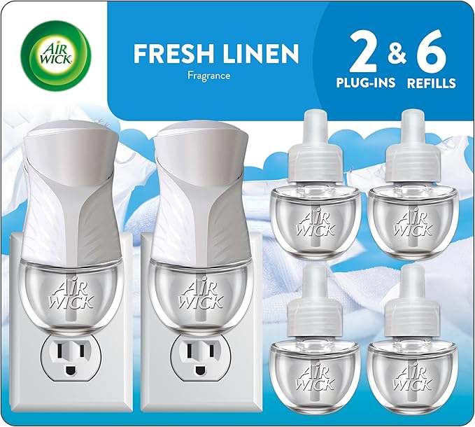 Air Wick Plug in Scented Oil Starter Kit, 2 Warmers + 6 Refills, Fresh Linen, Same Familiar Smell of Fresh Laundry, Eco Friendly, Essential Oils, Air Freshener