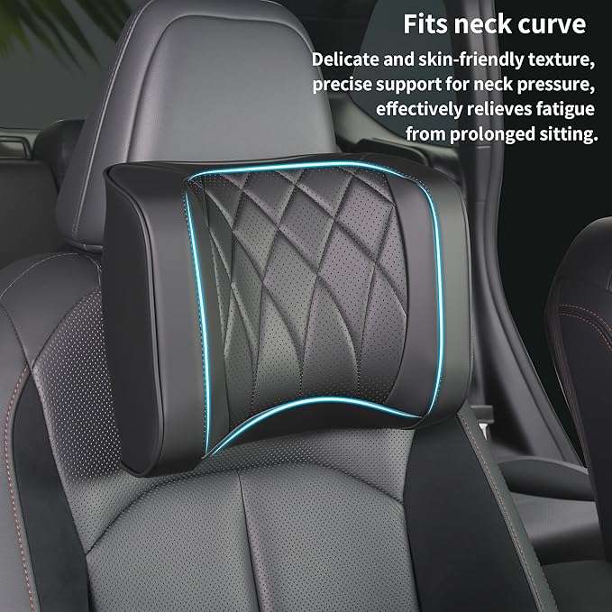 Car Headrest Pillow U-Shaped, Memory Foam Head Neck Support Cushion for Driving, Leather Head Rest Travel Pillows for Sleeping, Breathable Removable Cover, Black, 2 Pack