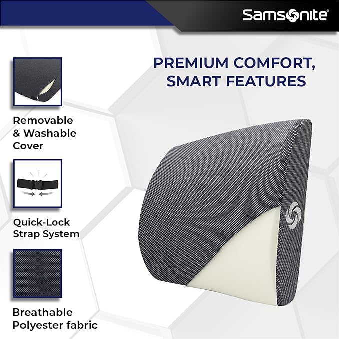 Samsonite Ergonomic Lumbar Pillow for Office Chair and Car Seat - Memory Foam Back Support Lumbar Pillow, Premium Cushion Chair Support for Lower Back Pain Relief and Versatile Use (Dark Grey)