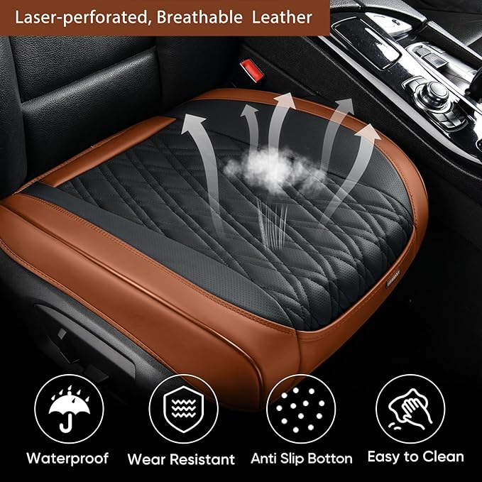 Luxury Faux Leather Car Seat Cover Front Bottom Protector, Seat Cushion Without Backrest, Anti-Slip and Wrap Around The Bottom, Fit Most Cars & Vehicles, 1 Piece, Brown&Black