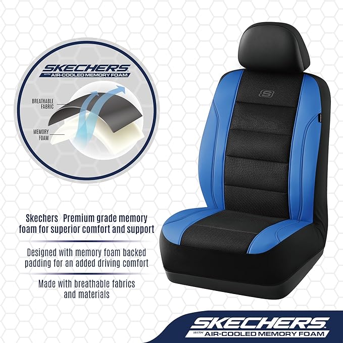 Skechers Men’s Seat Covers, Air-Cooled Memory Foam Car Seat Covers Front Seats, Airbag Compatible,Universal Fit for Most Cars, SUVs, Vans and Trucks,Blue