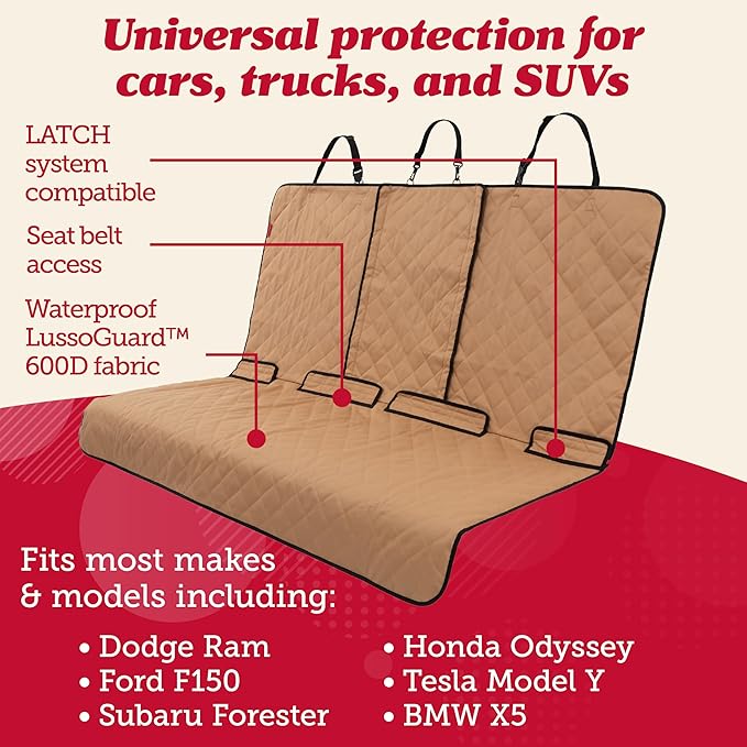 Lusso Gear Dog Car Seat Cover for Back Seat - Tan, Universal Fit - Waterproof & Non-Slip Oxford Fabric Cover - Protector for SUV & Truck - Pet Travel Accessory
