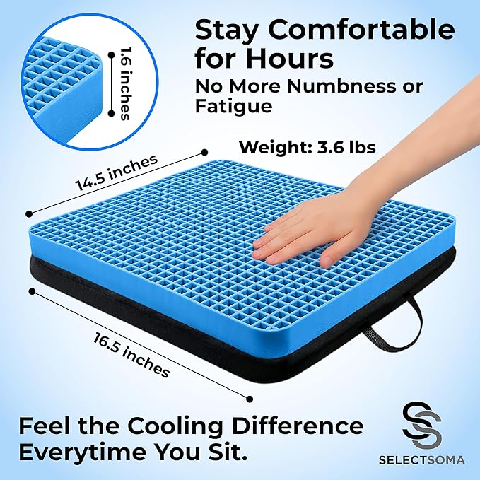 SelectSoma Travel Gel Seat Cushion for Long Sitting - Travel Pad for Car, Truck, Office Chair, Wheelchair - Cooling Gel Cushion for Sciatica, Tailbone, Back Pain, and Pressure Relief