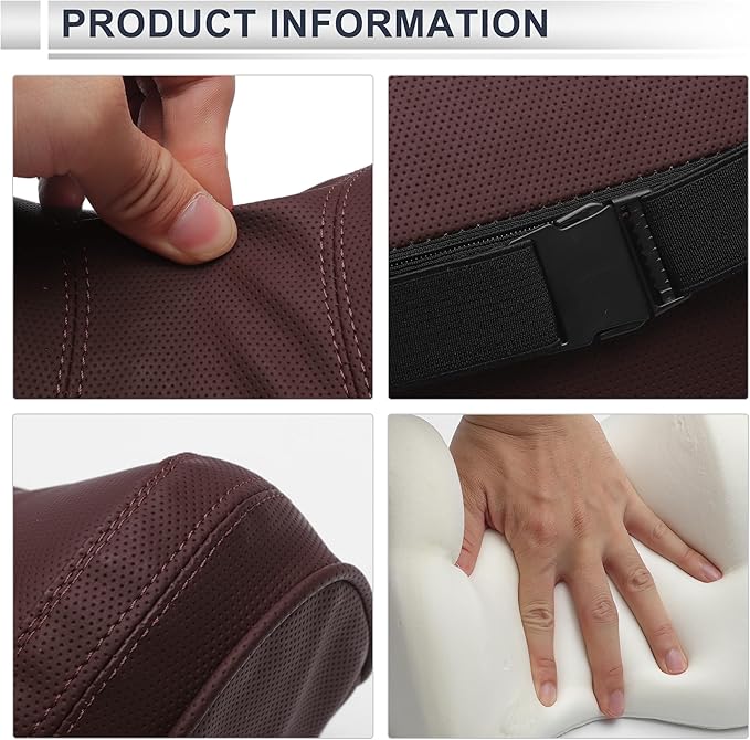 Car Headrest Pillow Ergonomic Comfortable Neck Support Pillow Nappa Leather and Memory Foam Adjustable Width Coffee 1 Pc for Driving Travel