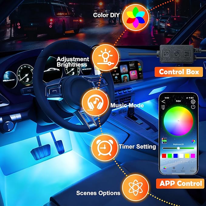 Car Led Interior Lights, RGB Truck Interior Lights with App Control, Under Dash Footwell Automotive Led Light Strip, Car Ambient Lighting for SUV(1set)