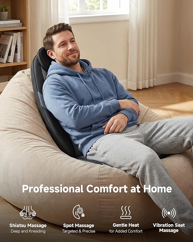 Snailax Shiatsu Back Massager with Heat Massage Chair Pad Kneading Back Massager for Pain Relief Deep Tissue Chair Massage Pad for Office Home