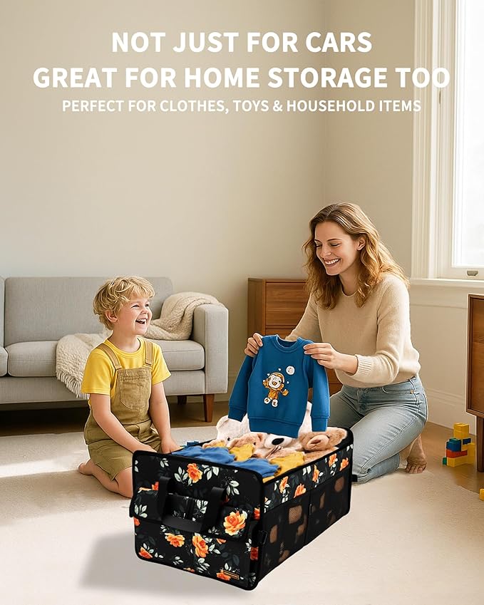 Sturdy Car Trunk Organizer – Large Capacity Trunk Organizer for SUVs & Sedans, Hard-Shell One-Piece Design with Cute Print, Collapsible and Durable Car Organizers (Flower 70L)