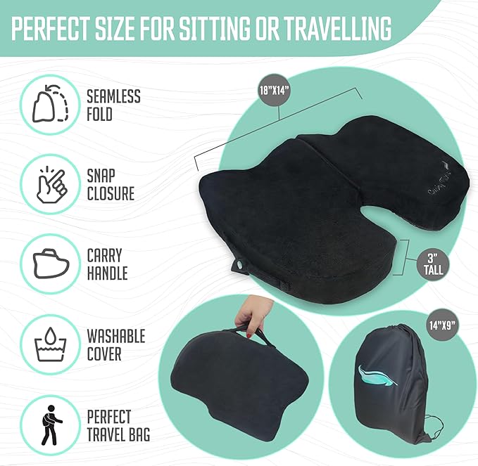 Premium Foldable Travel Seat Cushion - for Relief of Lower Back, Sciatic, Butt and Tailbone Pain - for Home & Office Use, Perfect for Travel or Driving - Coccyx Seat Cushion