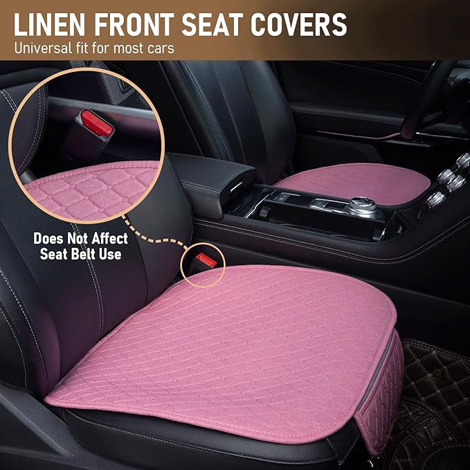 3 PCS Linen Car Seat Covers with Storage Pocket, Back Seat Covers Protectors with Non-Slip, Breathable Bench Seat Covers Universal Fit for SUVs, Cars, Trucks (Pink)