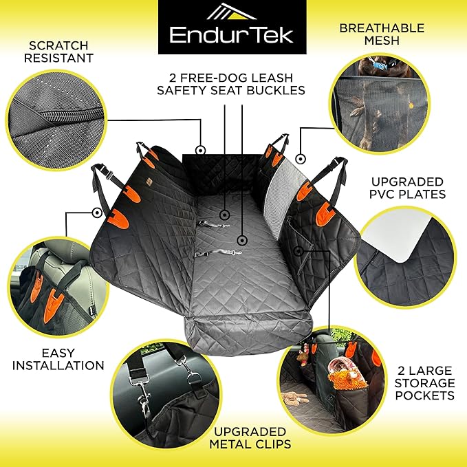 Dog Car Seat Cover for Back Seat | Universal Hard Bottom Back Seat Extender for Car, Truck, SUV | Waterproof Cargo and Truck Bed Protector Hammock with Storage Pockets for Medium & Large Dogs