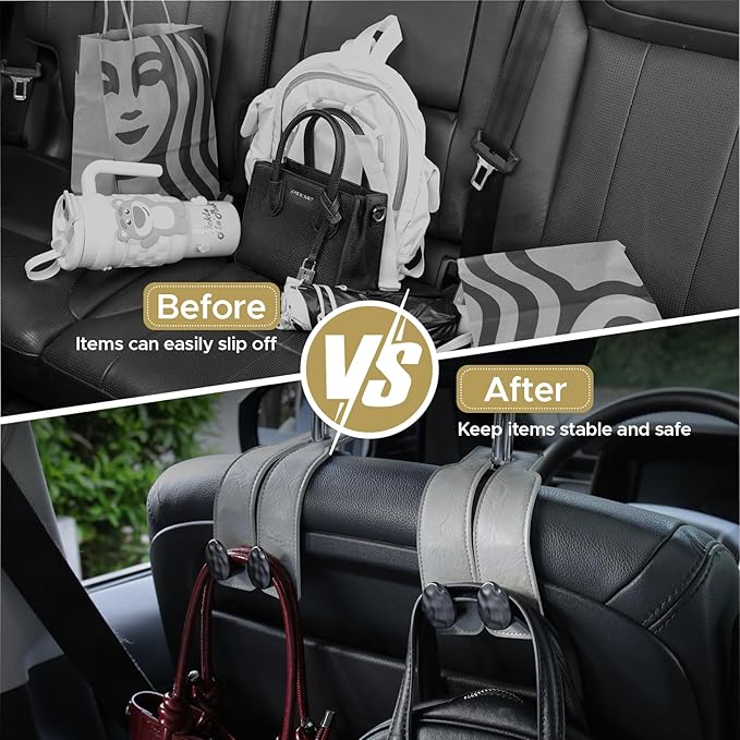 2PCS Leather Car Seat Hooks for Headrest, Vehicle Hanger Storage Organizer Universal for Handbag Purse, Car Accessories Gift (Grey-Black)