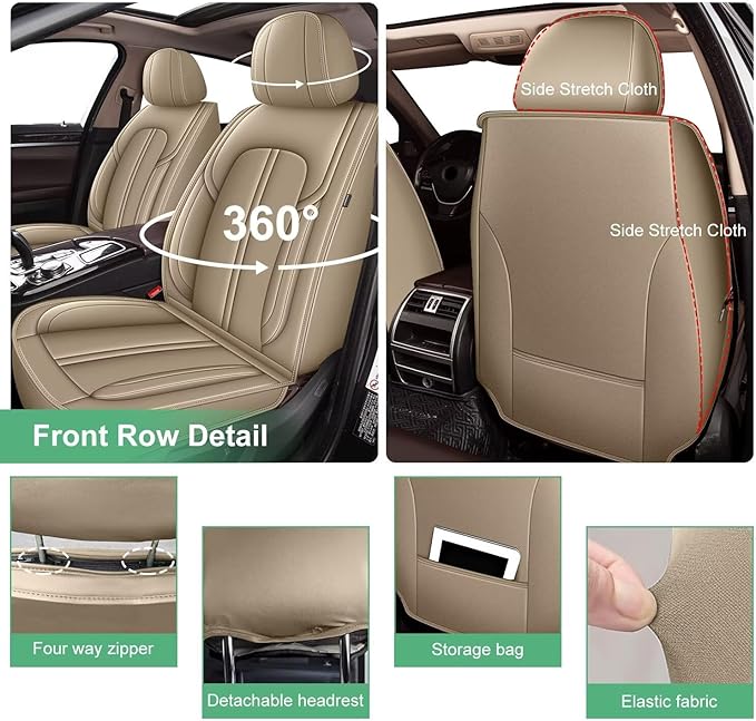 2 Front Seat Covers for Kia Soul 2010-2024 2025 Faux Leather Car Seat Cover Waterproof Automotive Seat Cushion Protectors Compatible Airbag (2 Seats, Beige)