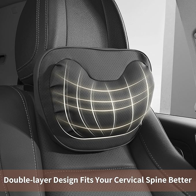 Car Neck Pillow [No More Pressure] Soft Comfortable Premium Leather Headrest with Adjustable Strap – Ergonomic Support for Driving, Office & Gaming, Black, 1 Pack