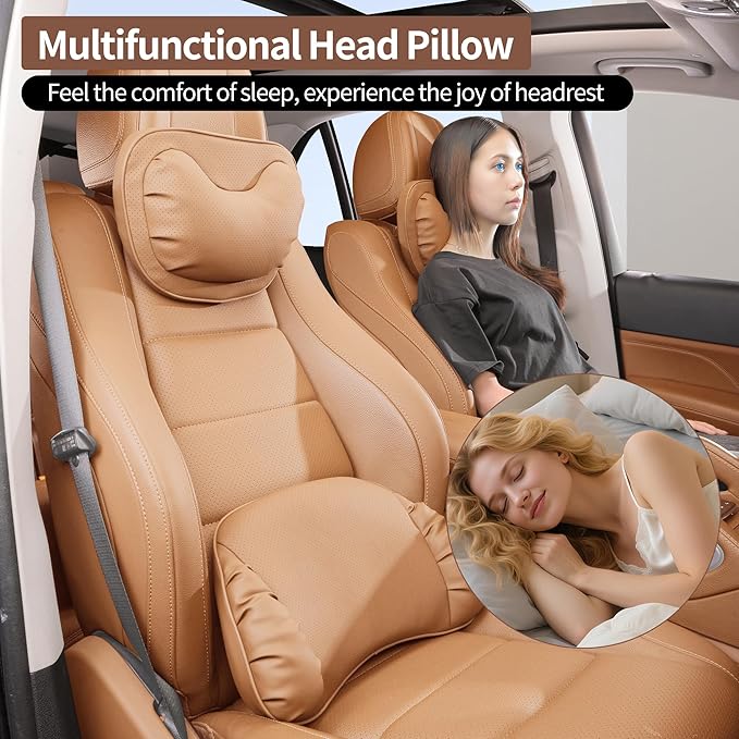 Car Neck Pillow [No More Pressure] Soft Comfortable Premium Leather Headrest with Adjustable Strap – Ergonomic Support for Driving, Office & Gaming, Palomino Brown, 1 Pack